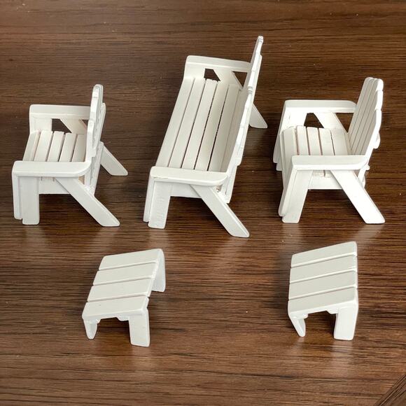 Miniature Adirondack Dollhouse Furniture White Wooden Bench Chairs 5 Piece 1:12 - Picture 3 of 10